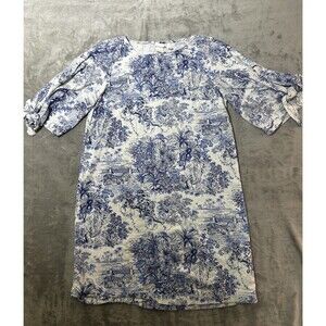 H&M Womens Linen Blend Shift Dress US 4 Blue White Toile Safari Print